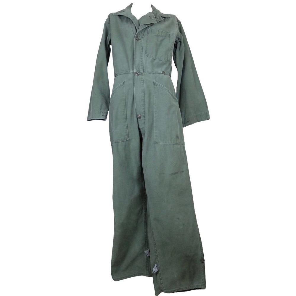 Vintage 70s Unisex Utility Khaki Green Button Up Collared Jumpsuit Coveralls